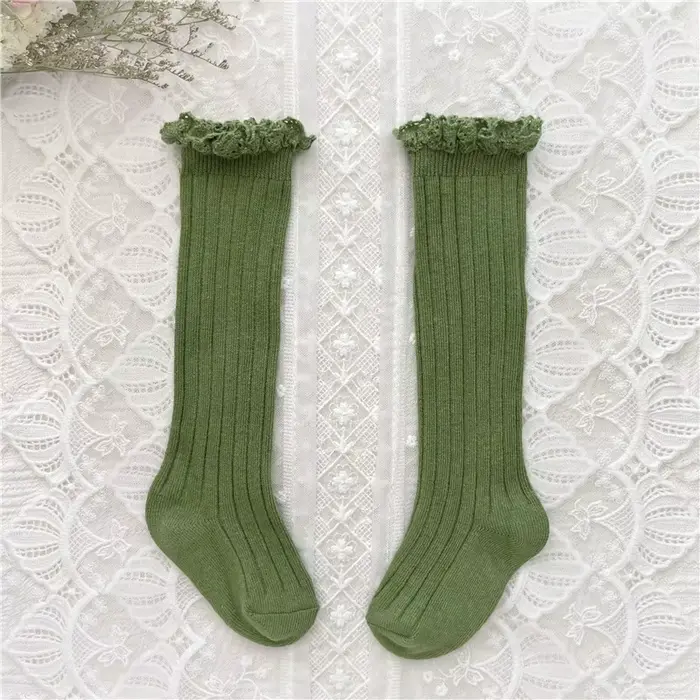Chaussettes hautes à volants pour filles, chaussettes longues en coton doux avec fleurs en dentelle,