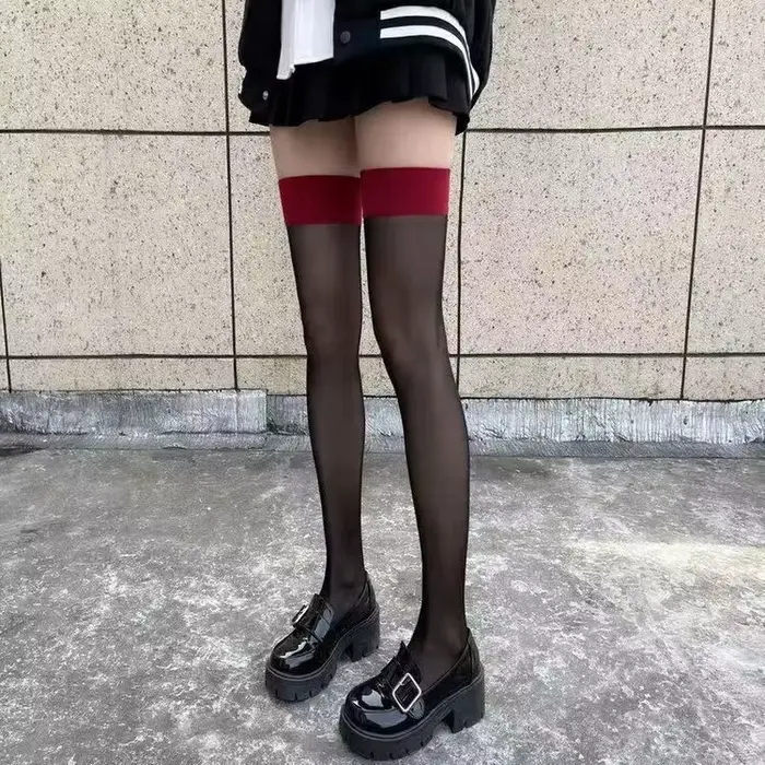 Sexy bord rouge nouveau sur le genou chaussettes longues dentelle gothique Transparent cuisse haute bas femmes Punk JK mince soie solide bonneterie