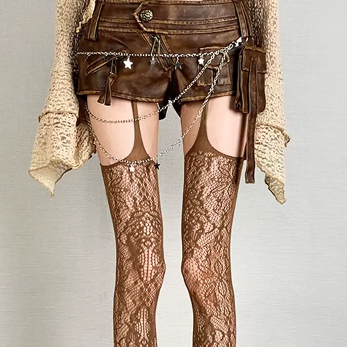 Bas résille marron imprimés pour femmes, chaussettes Sexy café ajourées, cuisses hautes, gothique, L