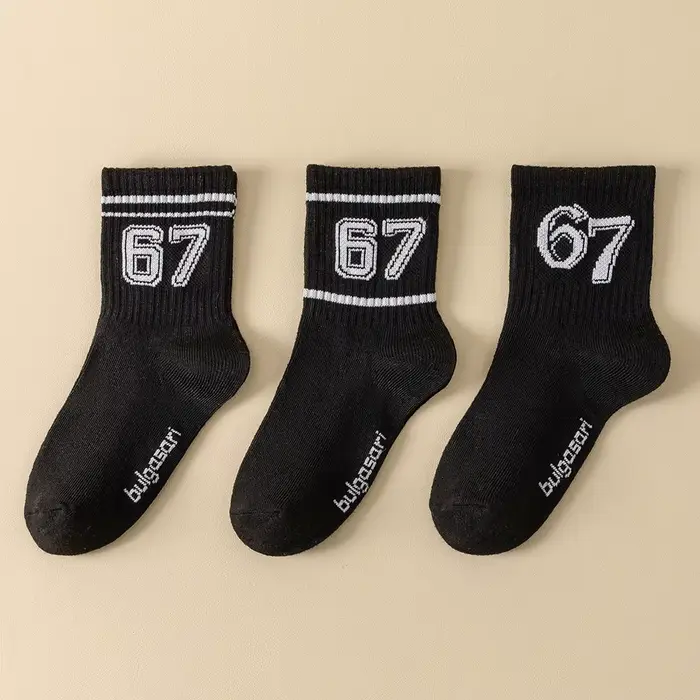 Chaussettes de basket-ball pour enfants, 3 paires, style sportif avec motif numéro 67, respirantes e
