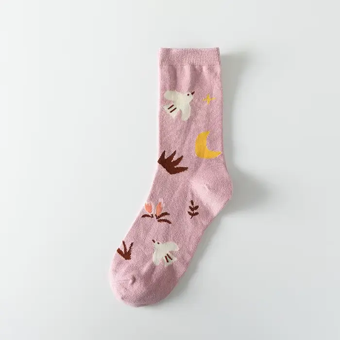 Chaussettes mi-tube en coton à absorption douce pour femme, animal de dessin animé japonais, fleur, 