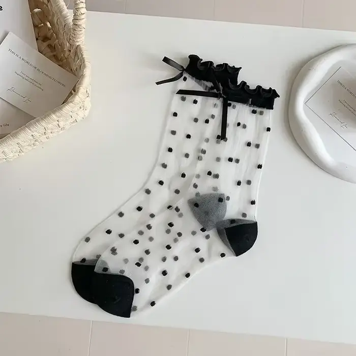 Chaussettes à pois en dentelle pour femmes, chaussettes transparentes respirantes en dentelle à pois