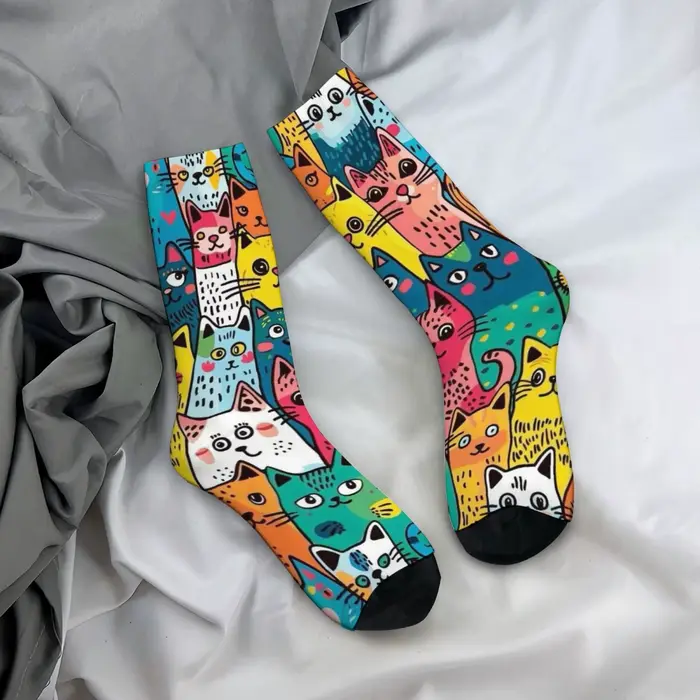 Chaussettes amusantes pour hommes avec motif de chat de dessin animé mignon, style Harajuku, chausse