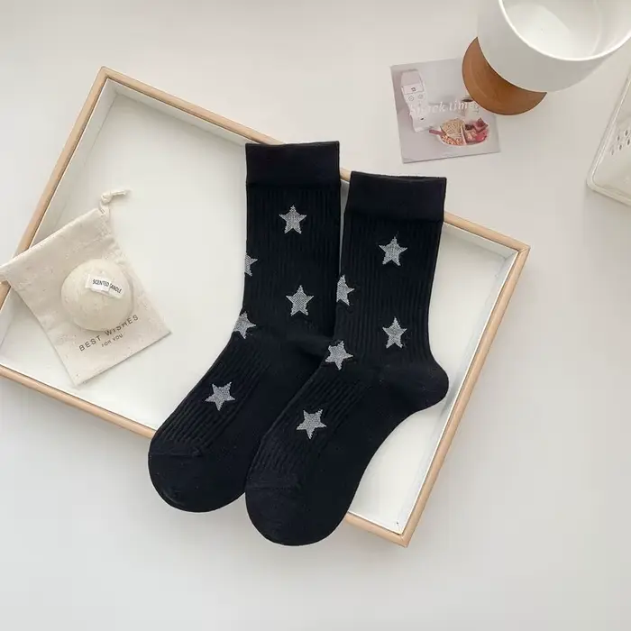 Chaussettes longues à imprimé étoile pour femmes, tube moyen, coton respirant, noir, blanc, gris, Ha