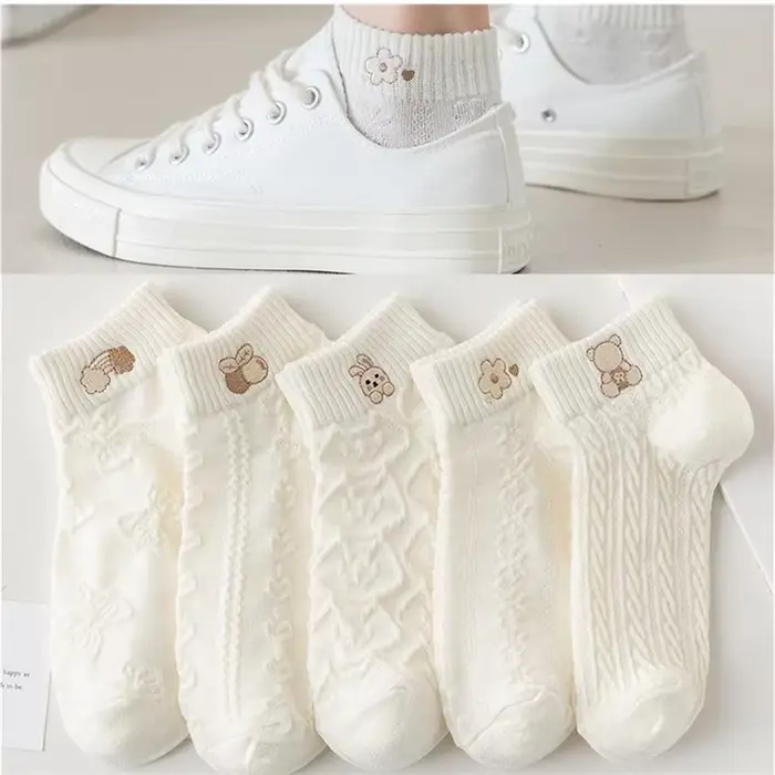 5 paires femmes chaussettes printemps été mignon ours lapin arc-en-ciel imprimé cheville chaussettes