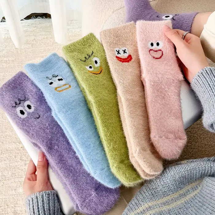 5 paires de chaussettes pour femmes ensemble ours en peluche hiver chaud épais fourrure de vison cha