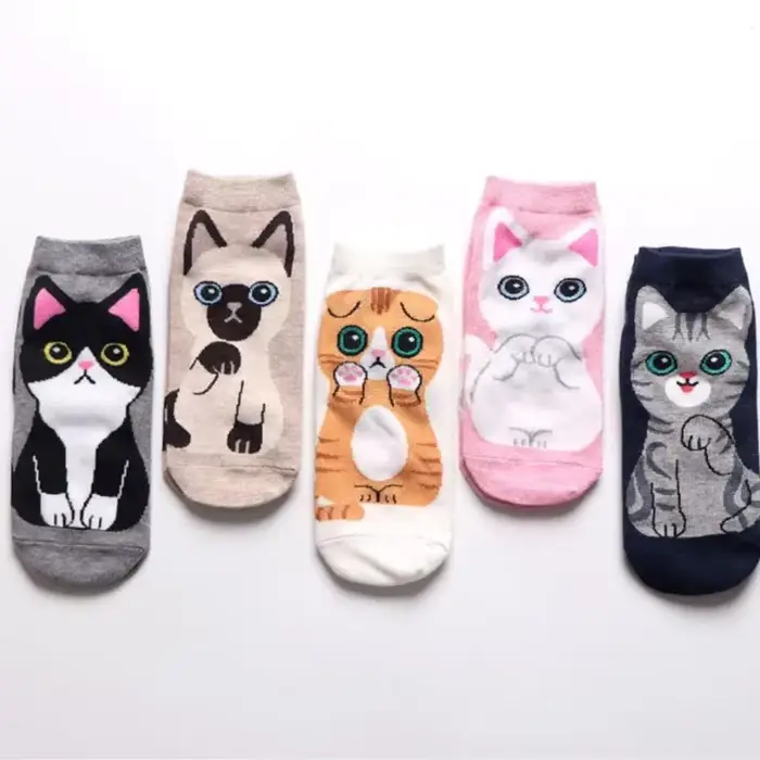 5/10 paires/ensemble chaussettes de cheville chat mignon dessin animé pour femmes respirant parfait 