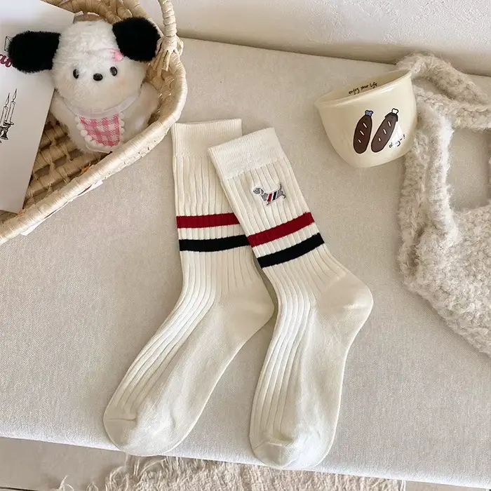 Chaussettes à rayures brodées de dessin animé, motif de chien saucisse, chaussettes chaudes d'automn