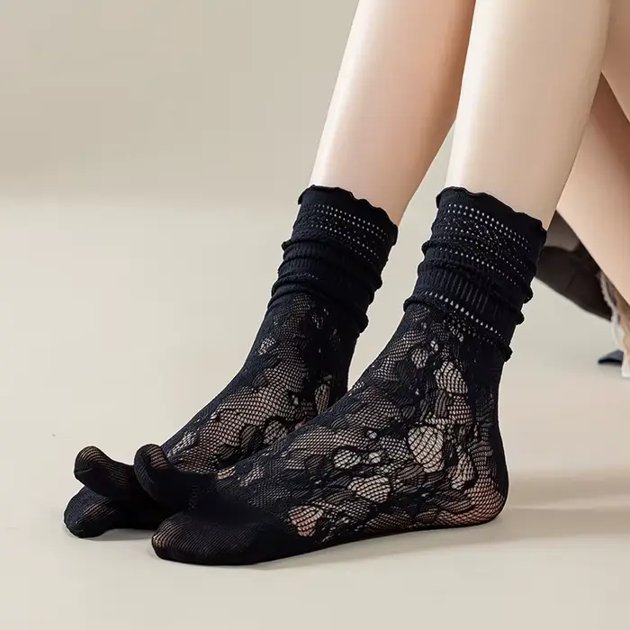 Mode japonaise Tabi orteil chaussettes femmes été Sexy dentelle deux doigts chaussettes maille respi