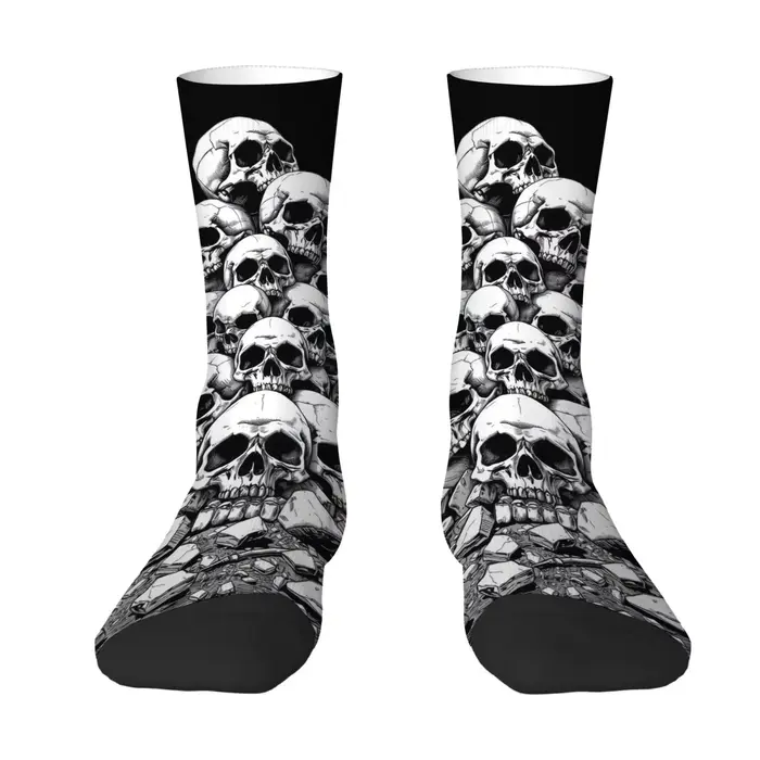 Chaussettes mi-mollet pour hommes à thème sombre avec imprimé crâne, douces, antidérapantes et respi