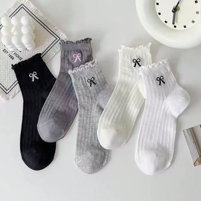 5 paires de chaussettes courtes Lolita en dentelle rose avec nœud pour femmes et filles, chaussettes