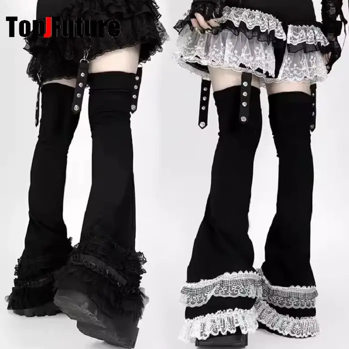 Femmes Y2k fille Patchwork dentelle à volants gothique Lolita sur genou haute chaussette Kawaii dentelle longues chaussettes couvre-pied Grunge Punk jambières