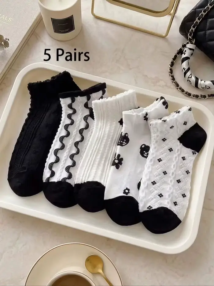 5 paires de chaussettes pour femmes, accessoires féminins, chaussettes courtes, noires, pas chères, 
