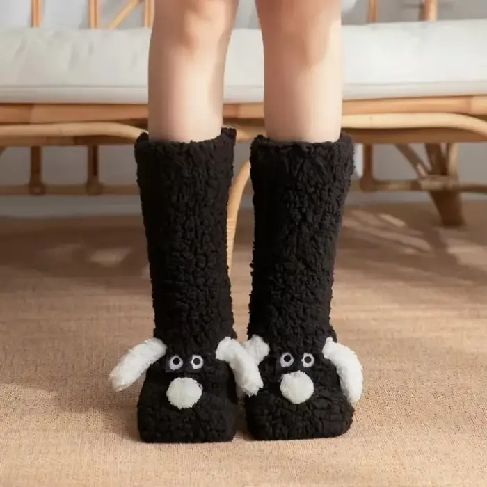 Chaussette de couchage femmes dessin animé 3D chien hiver chaud thermique en peluche antidérapant maison doux femme sol