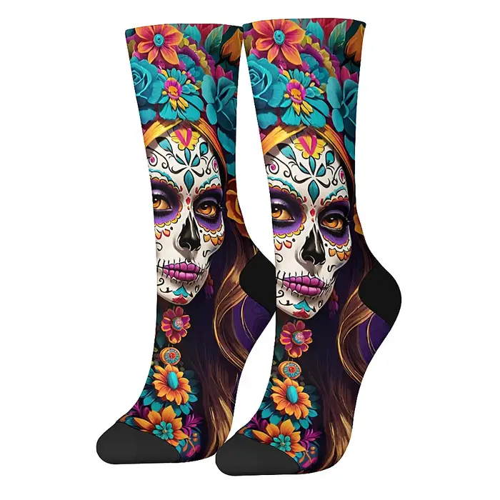 Chaussettes sur le thème du jour des morts pour hommes, faucheuse mexicaine, Design Floral Vintage,