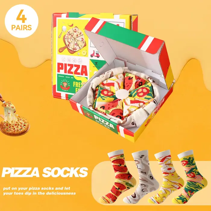 4 paires de chaussettes unisexes coupe moyenne pizza avec un roman et un cadeau de vacances créatif 