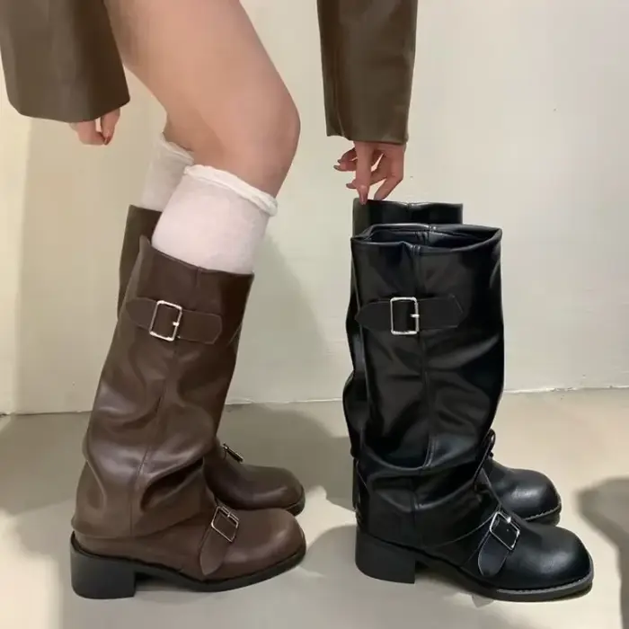 Femme bottes genou haute plate-forme talons épais tendance Punk gothique New Rock cuir mode chaussures pour femmes chaussures de moto Q221