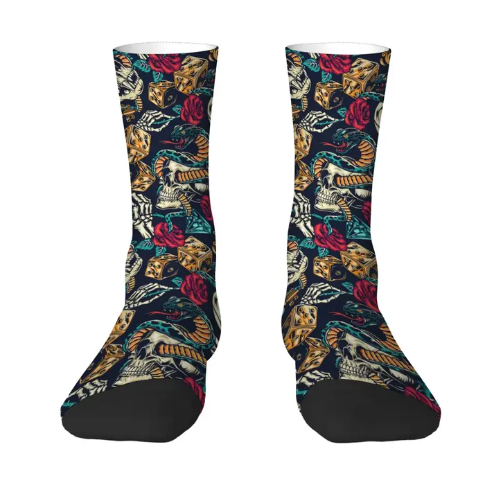 Chaussettes rétro à motif de crâne et de rose