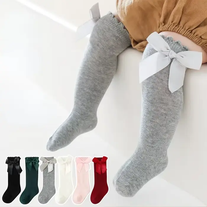 Chaussettes hautes en coton avec gros nœud pour enfants