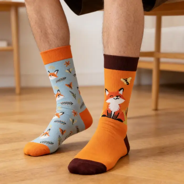 1 paire de chaussettes mi-mollet en petits renards mignons
