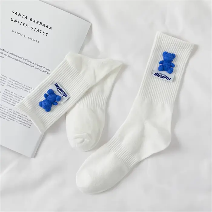 Chaussettes ours bleu Kawaii pour femmes, bas amusants, vêtements d'extérieur Ins, style coréen, cho