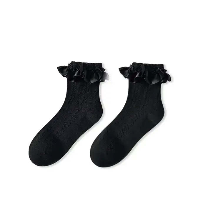 Chaussettes mi-tube en dentelle unie avec nœud à volants, chaussettes courtes Kawaii Lolita en coton