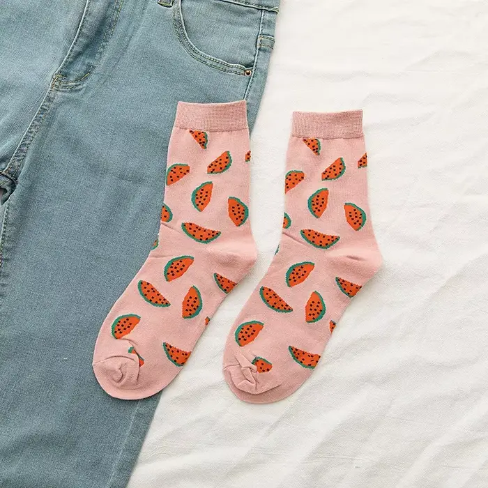 Femmes chaussettes drôles printemps automne dessin animé chaussettes avocat citron pastèque pêche fr
