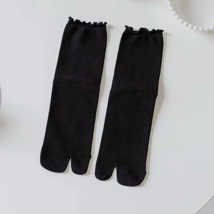 Chaussettes japonaises à volants en coton à bout fendu, couleur unie, chaussettes à deux orteils uni