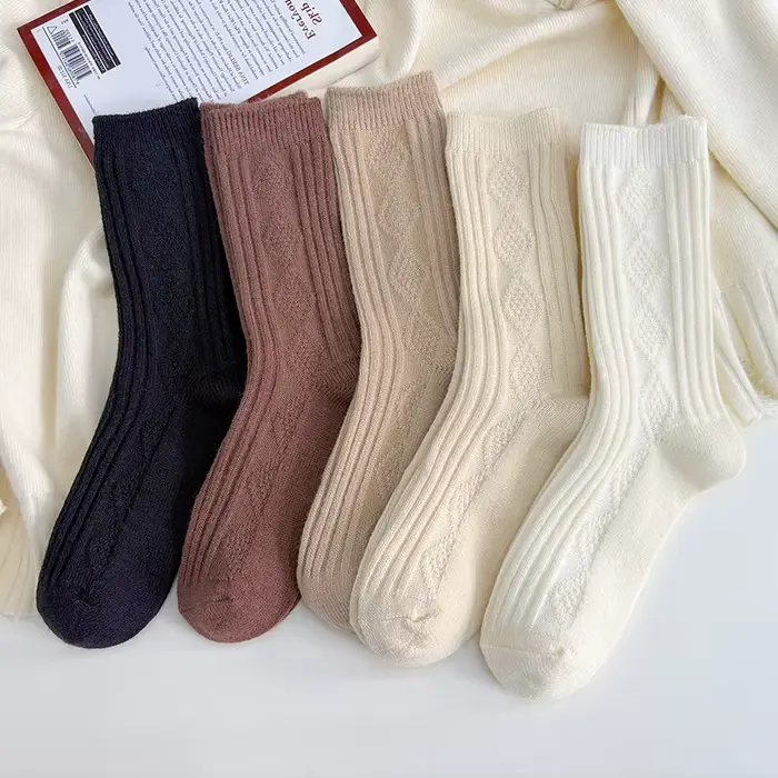 5 paires de chaussettes en laine pour femmes, chaussettes épaisses et chaudes à tube central, antidé