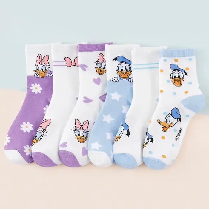 6 paires de chaussettes mi-tube pour femmes, en coton imprimé, avec dessins de Donald Duck et Daisy 