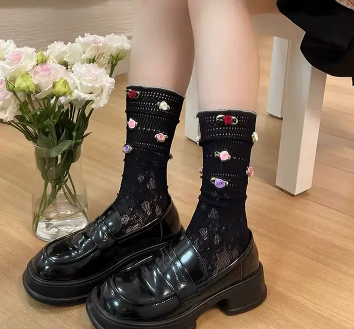 Chaussettes d'été fines pour femmes, élégantes, style français, motif rose, mi-mollet, respirantes, 