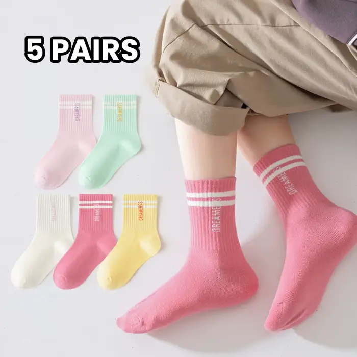 5 paires de chaussettes pour filles, chaussettes mi-mollet sportives et respirantes, avec double barre et lettres, chaussettes colorées pour enfants et étudiants